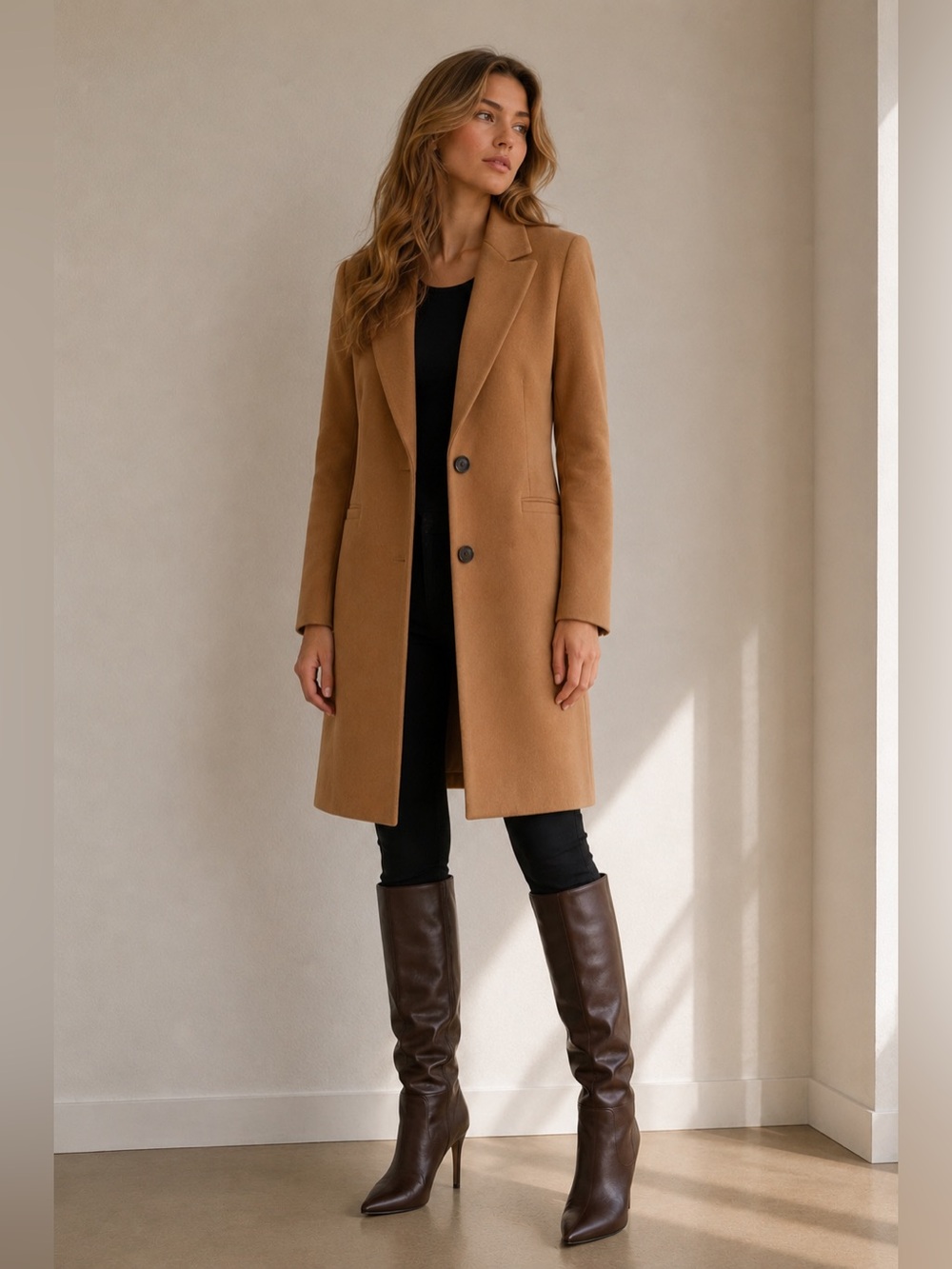 Stefanel Camel Wool Blend Long Coat – Classic Tailored Style